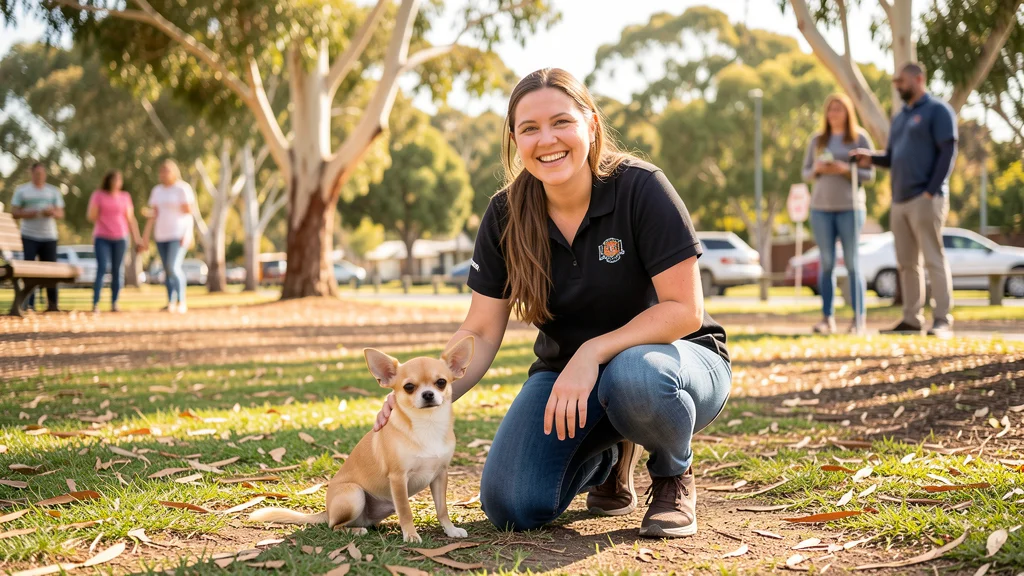 Generated image of a volunteer with a small dog at an Australian adoption day.